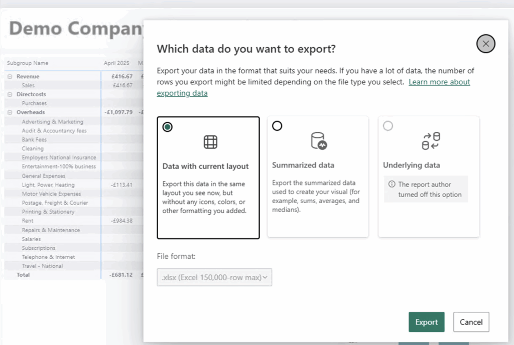 Power BI Online Export data