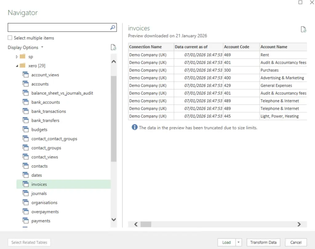 ODBC datasource select table