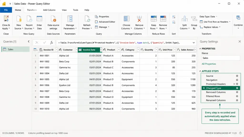 Power BI Desktop - Power Query Editor with Applied Steps