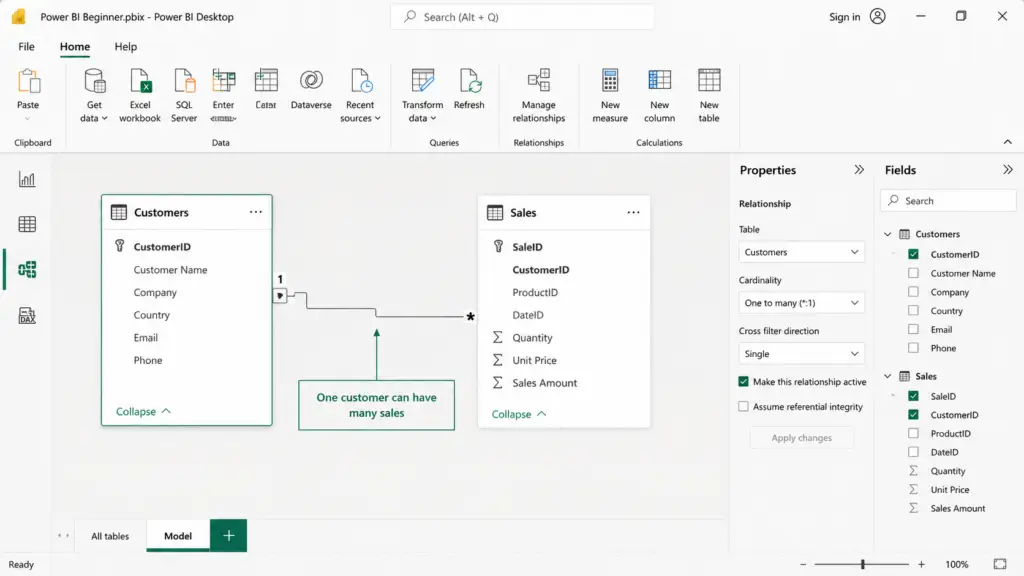 Power BI Desktop - Relationship Between Sales and Customers