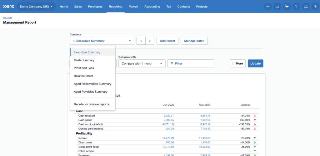Management Report in Xero