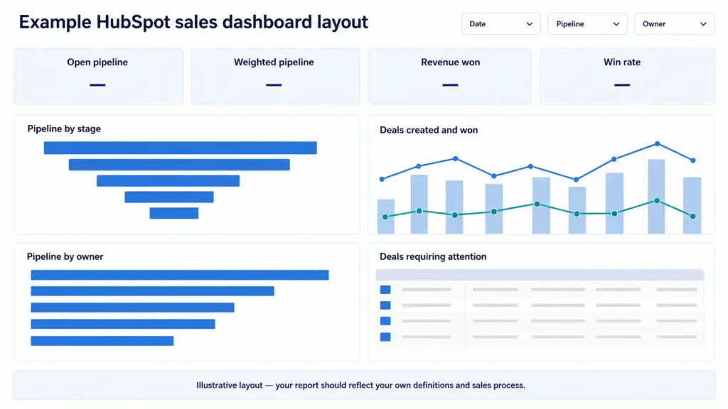 Example HubSpot sales dashboard layout with pipeline KPIs, deal trends, owner performance and deals requiring attention.