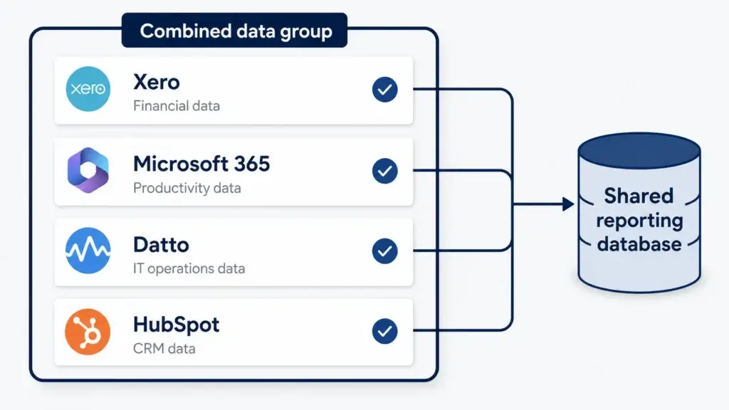 Xero, Microsoft 365, Datto and HubSpot data grouped into one shared reporting database
