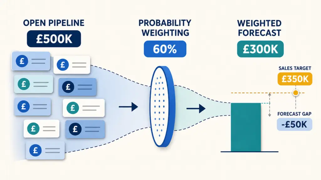 HubSpot sales forecast calculation showing a £500K open pipeline weighted at 60% to produce a £300K forecast against a £350K sales target