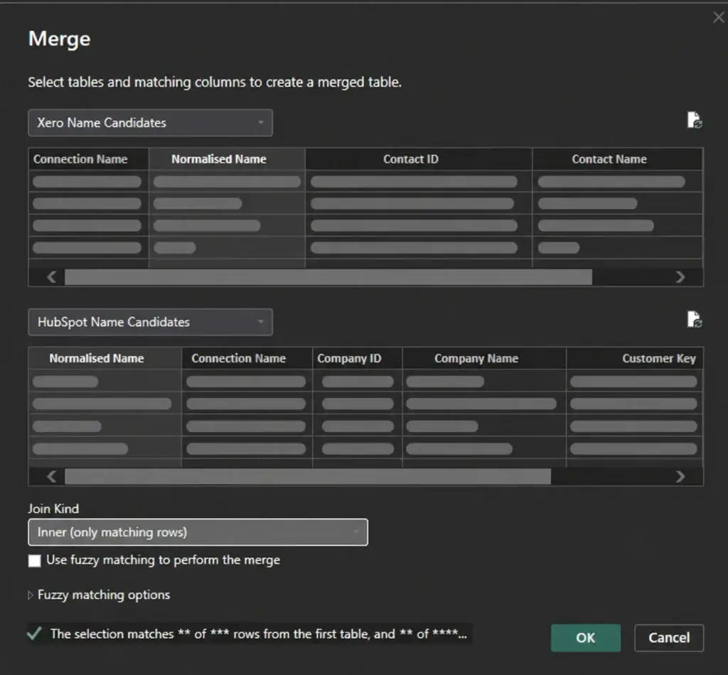 Power Query merge dialog matching normalised Xero contact names with HubSpot company names