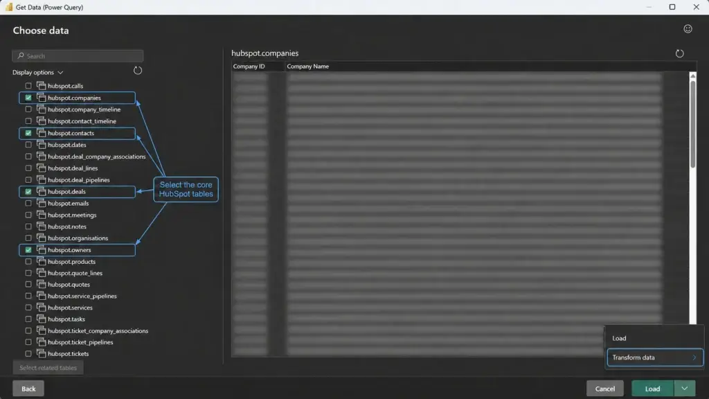 Selecting HubSpot companies, contacts, deals and owners in the Power BI Navigator