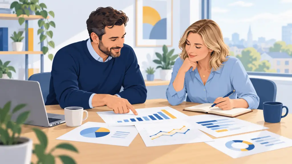 An accountant and business owner review monthly financial charts together and discuss next actions.