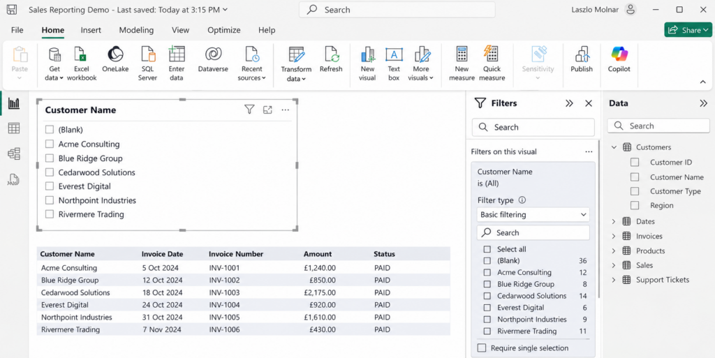 Power BI slicer showing the Blank option and Basic filtering settings